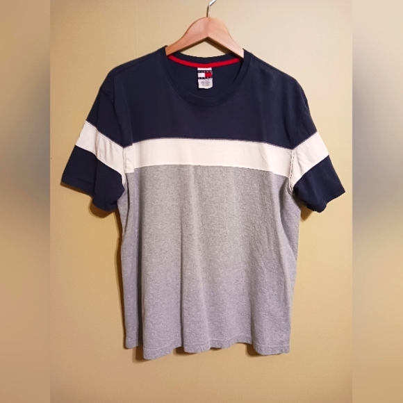 Vintage 2002 Tommy Hilfiger Jeans Men's XL Blue White Gray Color Block S/S Shirt - Picture 2 of 10